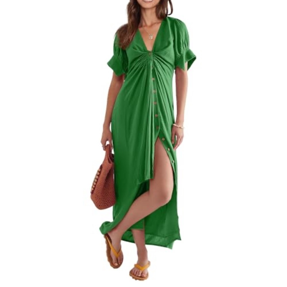 Sky Velvet Maxi Dress Causal Wrap V-Neck Boutton Slit Puff Boho Sz L Women